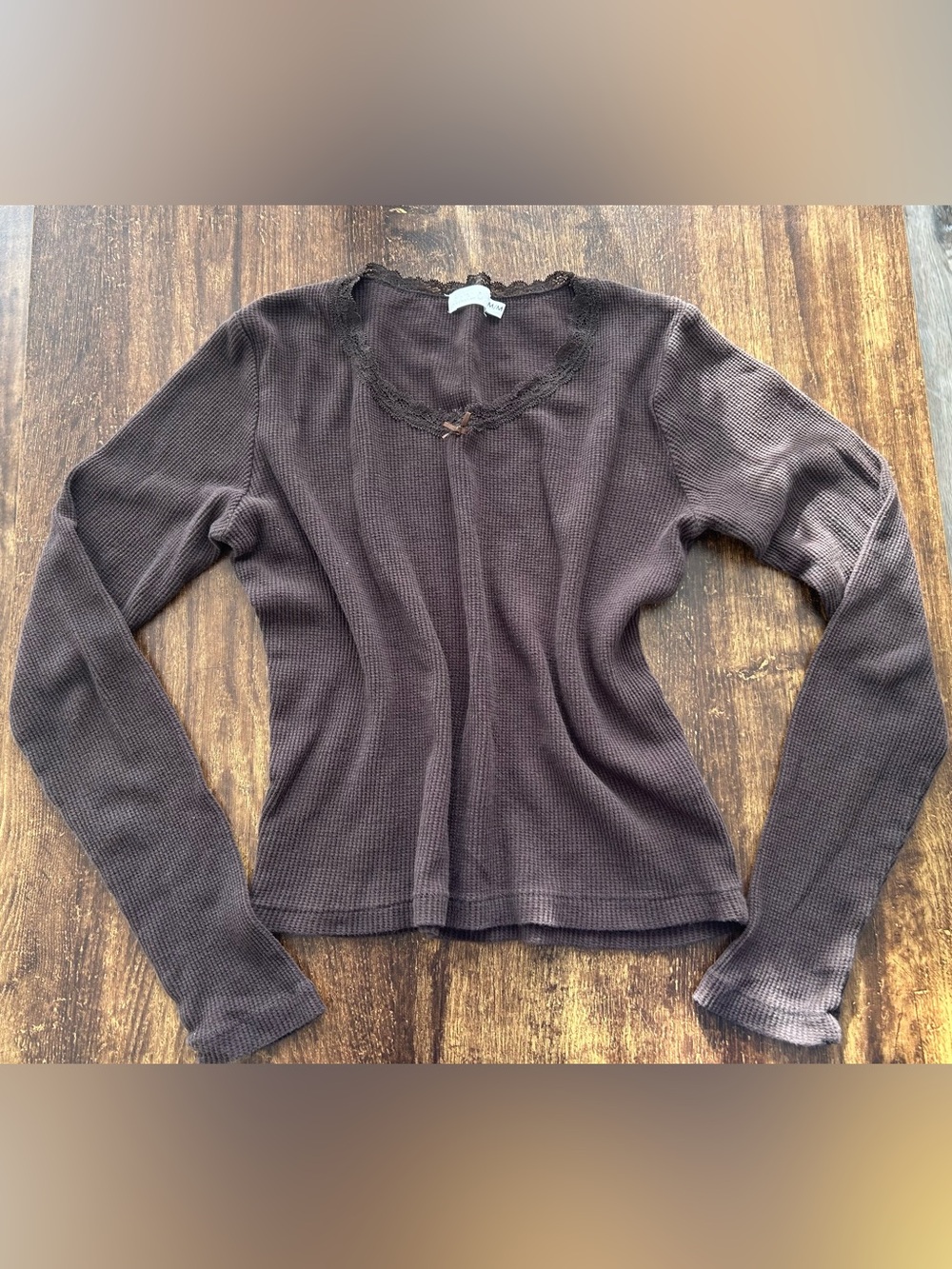 Harlow Chocolate Brown Thermal Long Sleeve Top w/ Lace & Bow - Medium
